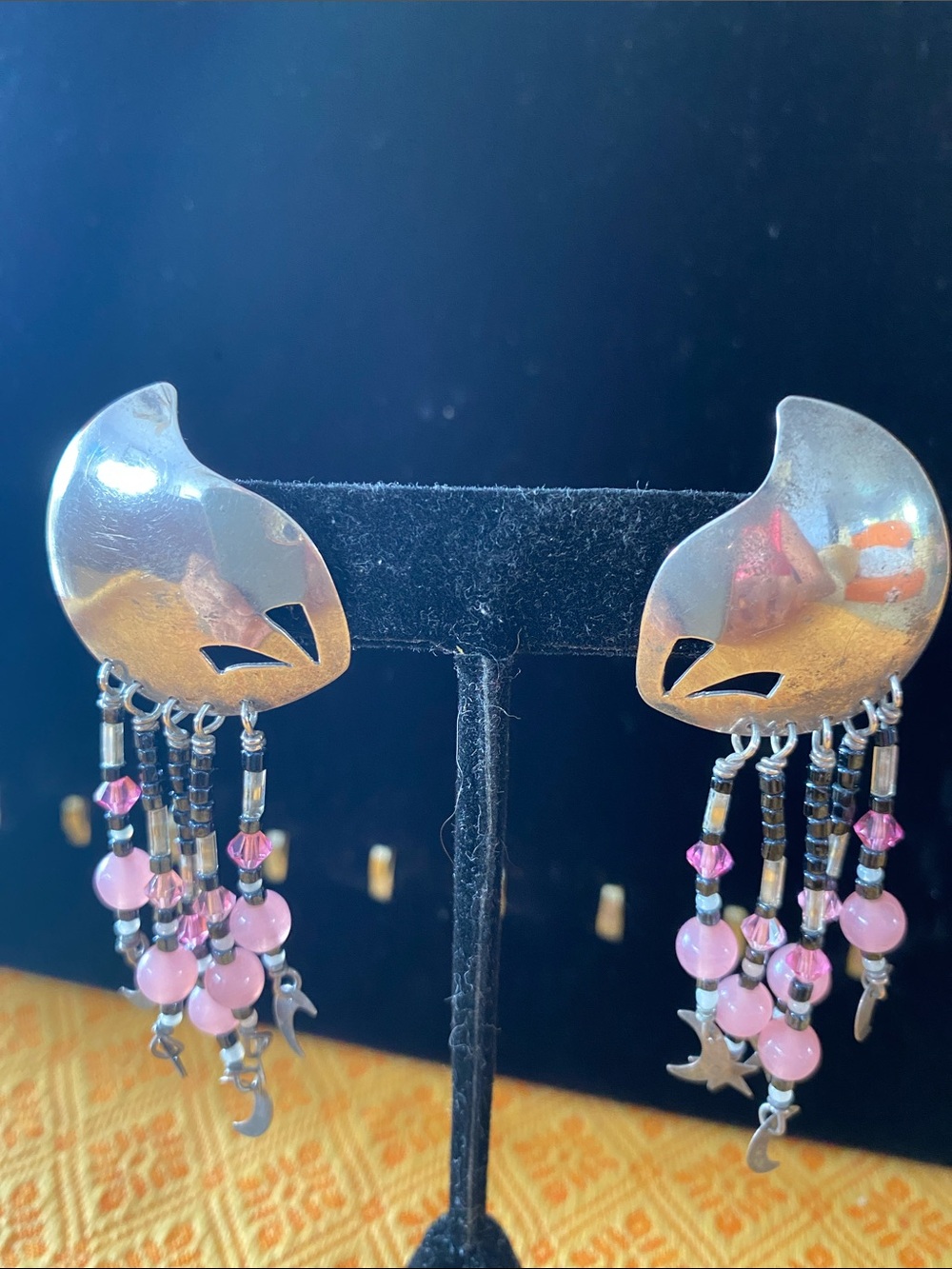 Silver Crescent Dangle Earrings with silver, black seed and pink crystals, balls